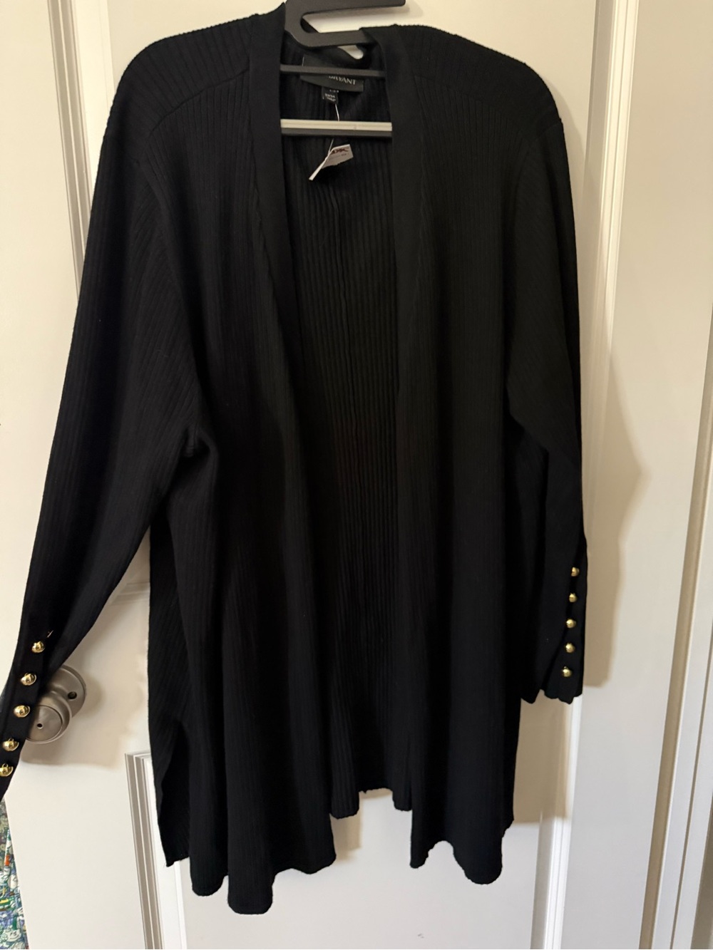 Lane Bryant Black Open-Front Cardigan with Gold Cuff Buttons